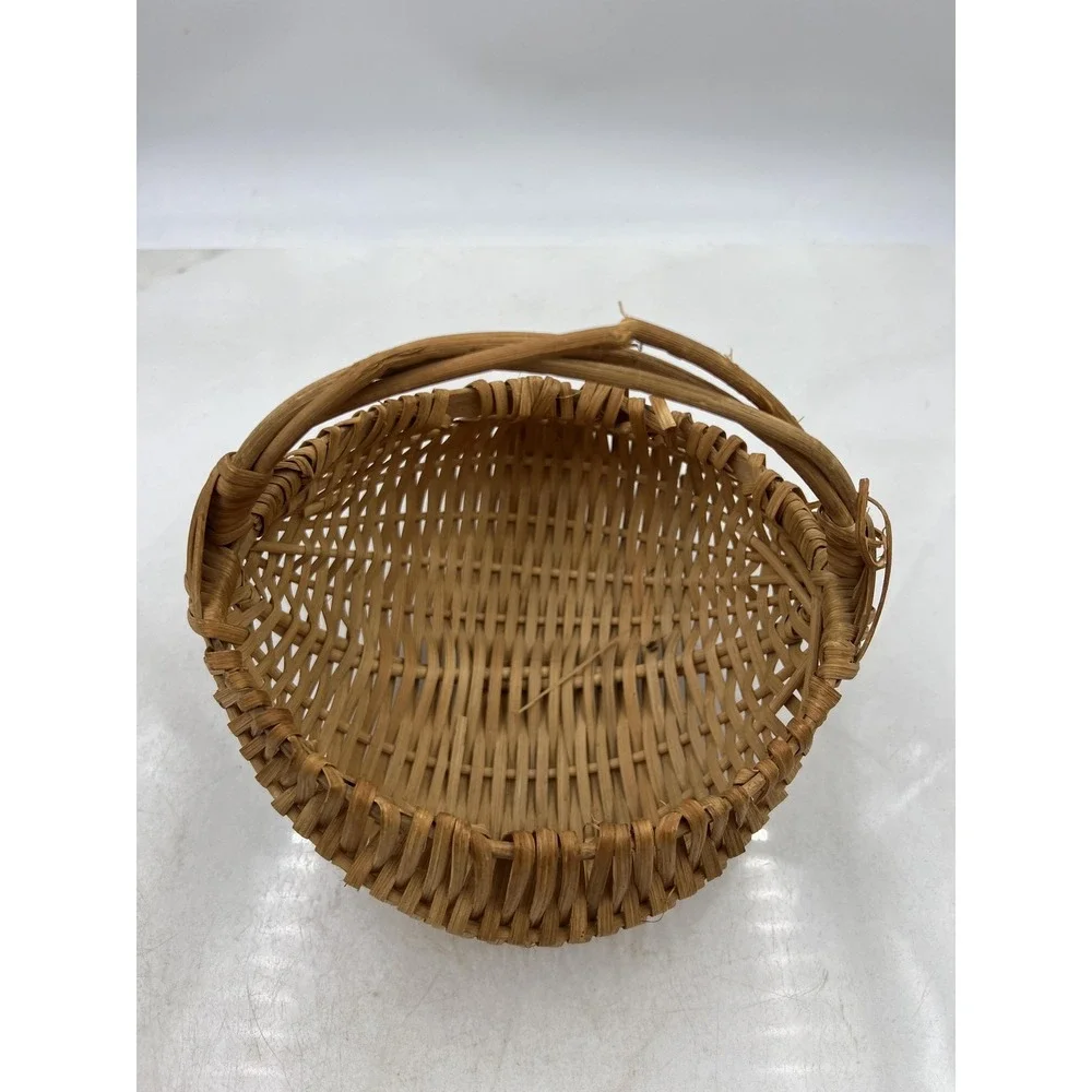 VTG Hand Woven Wicker Buttocks Basket Natural Wood Split Reed God's Eye Handle
